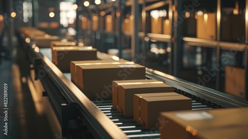 A belt conveyor is conveying parcels at the Post Sorting Office. photo