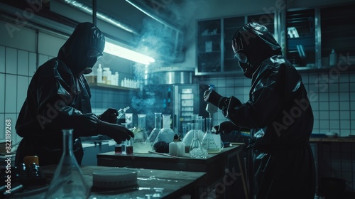 A clandestine laboratory in which two clandestine chemists work with beakers, distillation glasses, canisters, and hosepipes to prepare drugs.