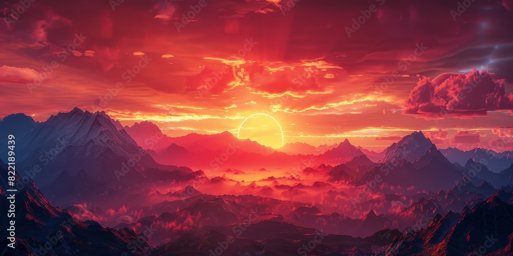 beautiful sunrise over the mountains,  a breathtaking panorama of majestic peaks against a backdrop of golden sunlight.