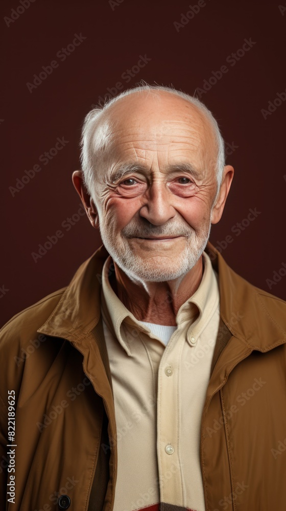 Brown background Happy european white man grandfather realistic person portrait of young beautiful Smiling old man Isolated on Background Banner with copyspace