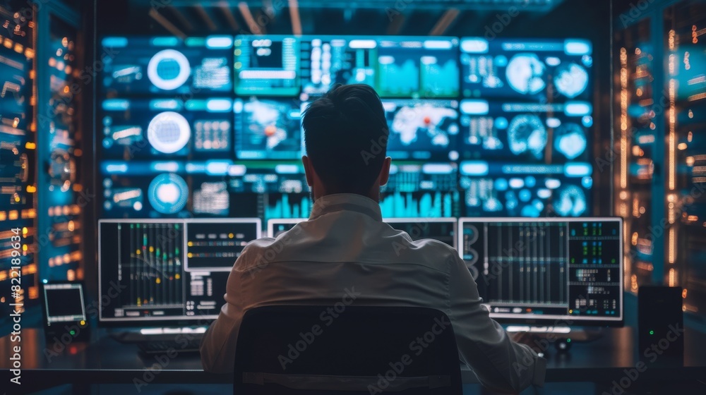 An IT technician works on a laptop in a system control room. Screens with graphics are on multiple displays. The facility deals with Artificial Intelligence, Big Data Mining, and Neural Networks. An IT technician works on a laptop in a system control room. Screens with graphics are on multiple displays. The facility deals with Artificial Intelligence, Big Data Mining, and Neural Networks.