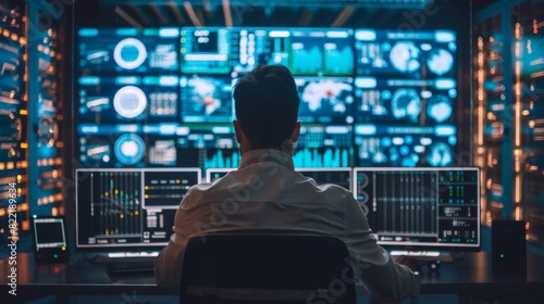 An IT technician works on a laptop in a system control room. Screens with graphics are on multiple displays. The facility deals with Artificial Intelligence, Big Data Mining, and Neural Networks. © Антон Сальников