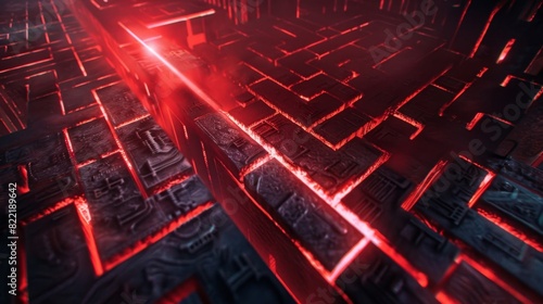 A red laser beam traces a figures progress as they navigate through the intricate maze of digital defenses attempting to reach the heart of the crypto network.