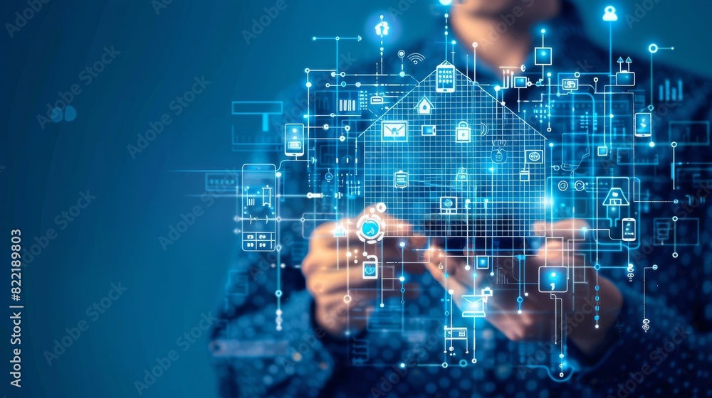 A businessman holds a phone in his hand and controls a smart home wirelessly. Modern concept on a blue background. IoT logo. A businessman holds a phone in his hand and controls a smart home wirelessly. Modern concept on a blue background. IoT logo.