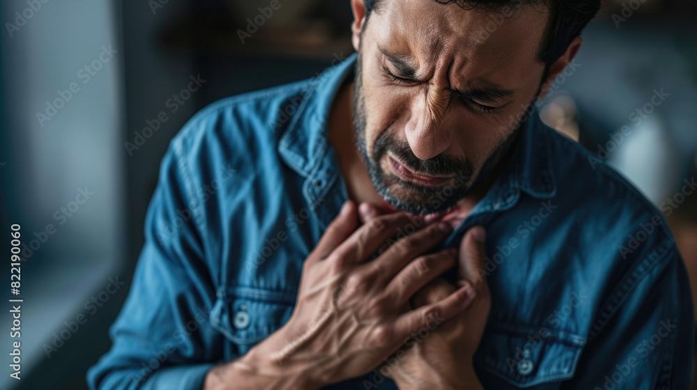A man has chest pain. He had a pained expression on his face. A man has chest pain. He had a pained expression on his face.
