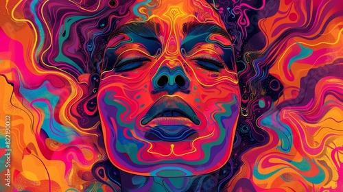 The image is a portrait of a woman s face with a colorful  psychedelic background. The woman s eyes are closed and she has a serene expression on her face.