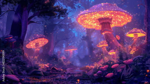 Glowing mushrooms in the dark forest