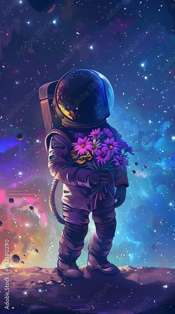 Astronaut Exploring Vibrant Cosmic Landscape with Blooming Flowers in Surreal Celestial Scene Astronaut Exploring Vibrant Cosmic Landscape with Blooming Flowers in Surreal Celestial Scene