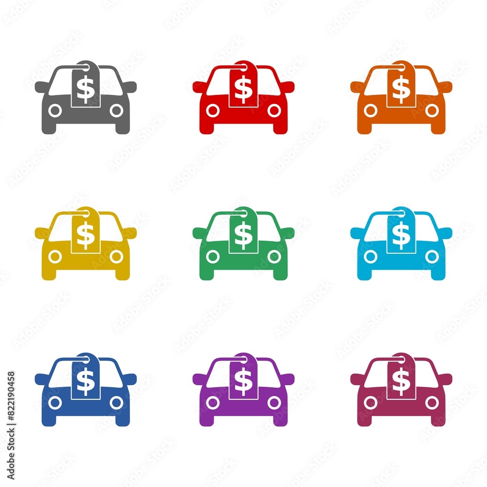 Car and dollar sign icon isolated on white background. Set icons colorful Car and dollar sign icon isolated on white background. Set icons colorful