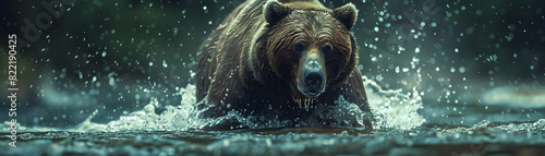 Photo realistic: A grizzly bear hunting fish in a river, showcasing strength and skill as a powerful predator   Wildlife photography concept photo