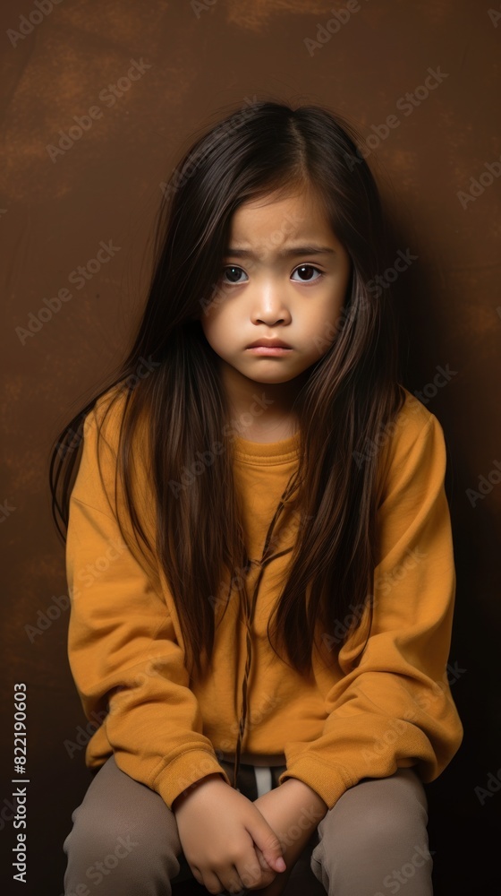 Brown background sad Asian child Portrait of young beautiful in a bad mood child Isolated on Background, depression anxiety fear burn out health issue problem mental 