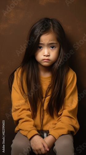 Brown background sad Asian child Portrait of young beautiful in a bad mood child Isolated on Background, depression anxiety fear burn out health issue problem mental 