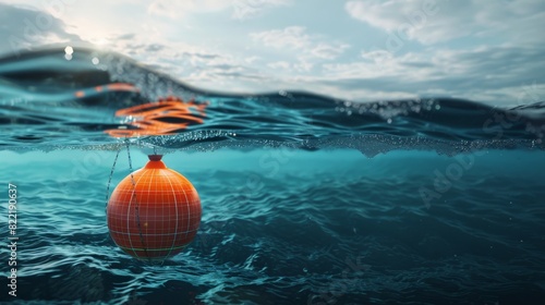 A sea buoy floating in a sea at dawn features navigation meteorology equipment and a beacon swinging on waves. The buoy is chained to the sea bottom beneath the surface. photo