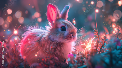  A rabbit is sitting in a field of flowers. The rabbit is small and cute, and the flowers are bright and colorful. The scene is peaceful and serene, with the rabbit looking up at the camera 