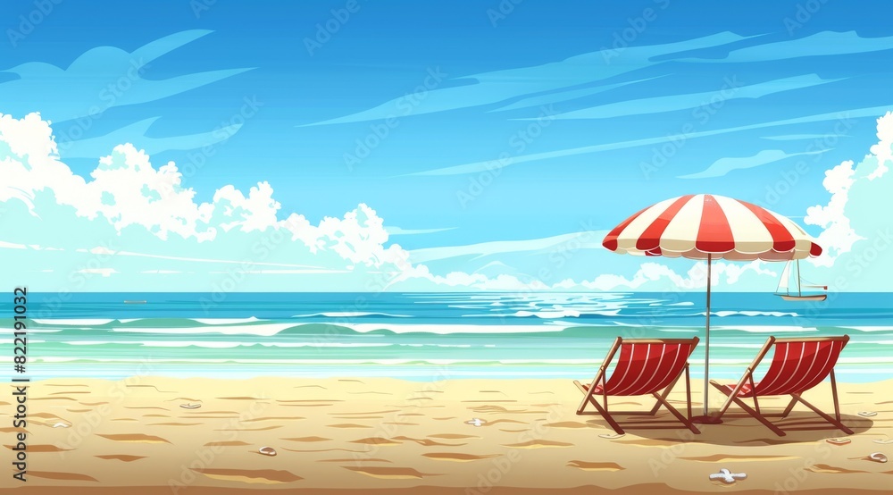Peaceful Beach Scene with Red Deck Chairs and Striped Umbrella Overlooking Calm Ocean