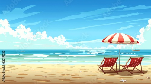 Peaceful Beach Scene with Red Deck Chairs and Striped Umbrella Overlooking Calm Ocean © Oleg