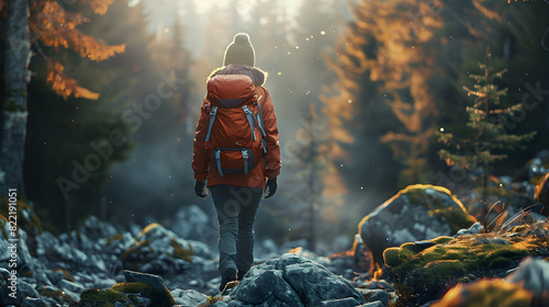 A woman hiking in a forest, embracing the adventure and physical challenge while connecting with nature Photo realistic concept depicting the essence of this popular outdoor hobb