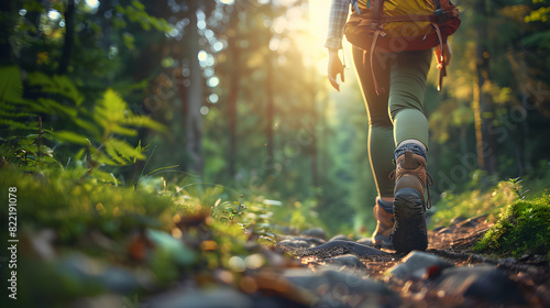 Connecting with nature: Photo realistic image of a woman hiking in a forest, embodying adventure, physical challenge, and the blissful connection to nature.