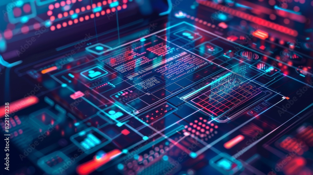 A top view of a laptop screen with business icons and a programming language or fragment of code. A banner of a software developer company. A top view of a laptop screen with business icons and a programming language or fragment of code. A banner of a software developer company.
