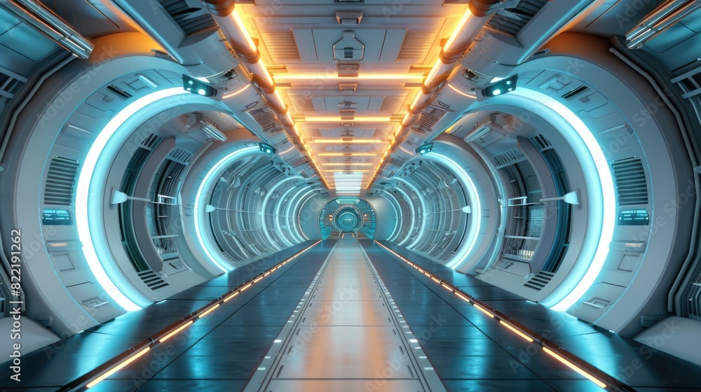 Fototapeta premium a futuristic spaceship corridor with a long hallway and glowing lights on the walls.