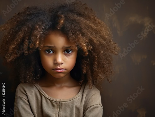 Brown background sad black American African child Portrait of young beautiful kid Isolated Background racism skin color depression anxiety fear burn out health issue problem mental 