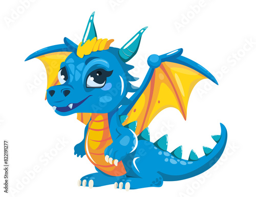 An electric blue dragon with yellow wings. Vector illustration isolated on white background