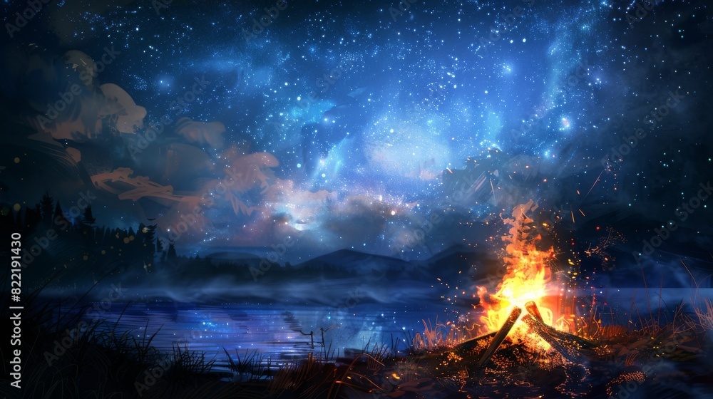 Night Sky Over Lake with Campfire Under Starry Sky in Serene Wilderness