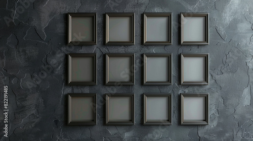 Structured presentation of small square frames on a dark gray gallery wall. photo