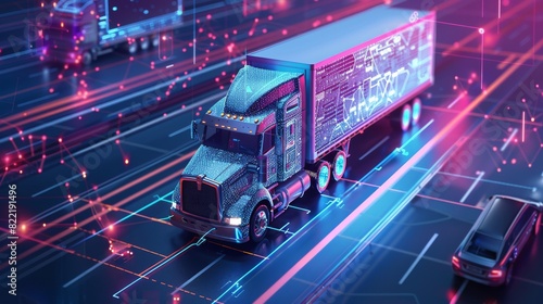 An autonomous vehicle follows the specified route on a map. Automated interurban transport. Intelligent electric automatic lorries carrying cargo. photo