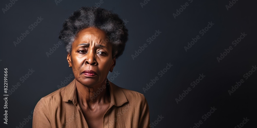 Brown background sad black American independent powerful Woman. Portrait of older mid-aged person beautiful bad mood expression girl Isolated on Background racism skin color 