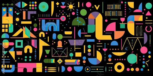 Abstract flat vector shapes and symbols  bold color palette of yellow  green  blue  pink  purple  and orange on a black background