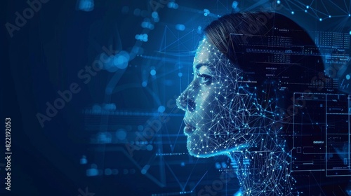 An artificial intelligence in the form of a wise woman. A futuristic blue banner depicting cybernetics mind analysis data. A neuron network processes information. Computer icons dominate the