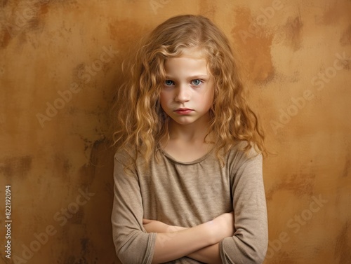 Brown background sad European white child realistic person portrait of young beautiful bad mood expression child Isolated on Background depression anxiety fear burn out health issue problem mental  © Zickert