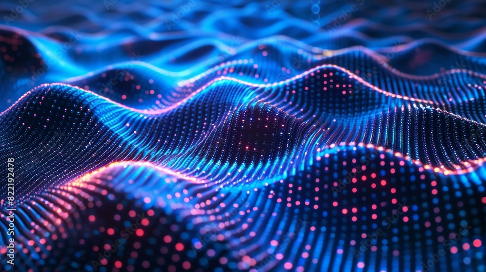 The modern isometric grid surface of data consists of glowing dots and particles. A colorful wave grid abstract diagram shows digital information flowing. An element of infographic design that The modern isometric grid surface of data consists of glowing dots and particles. A colorful wave grid abstract diagram shows digital information flowing. An element of infographic design that