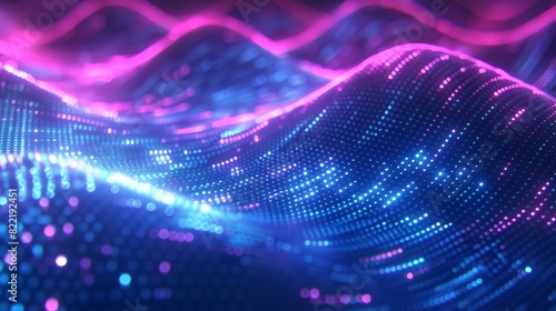 Waves of waves of sounds vibrating at the speed of light formed by light dots. Neon music tech background in nightclub. Equalizer visualizes music waves in a technological cyber style. photo