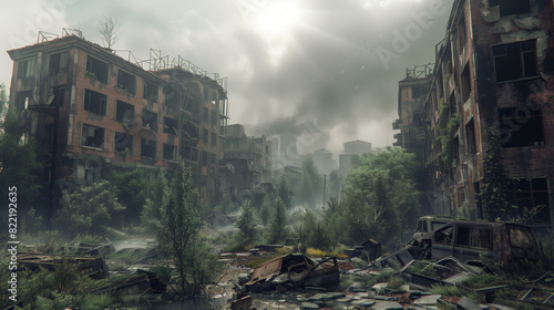 A war scene with a tank in the middle of a destroyed city. Scene is bleak and somber, as the destruction is evident in the ruins of the buildings and the tank's presence in the midst of the rubble