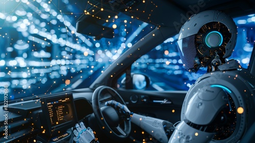 Autonomous car driver. Intelligence of driverless cars in image cyborg. Artificial intelligence of car technology. Autopilot for self-driving cars.