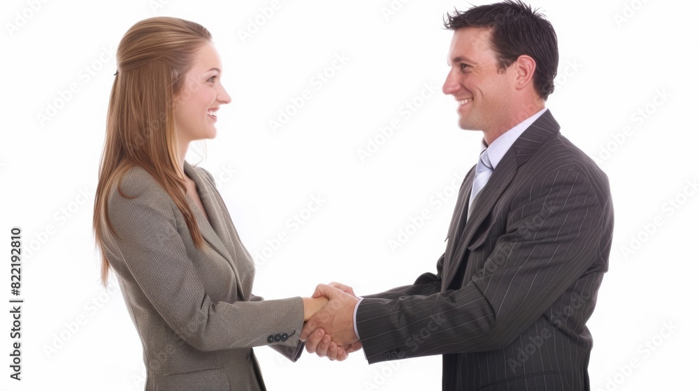 a businessperson shaking hands with a client over a successful deal, looking satisfied, on a clean white background. a businessperson shaking hands with a client over a successful deal, looking satisfied, on a clean white background.