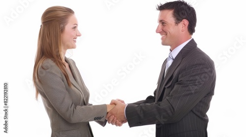 a businessperson shaking hands with a client over a successful deal, looking satisfied, on a clean white background.