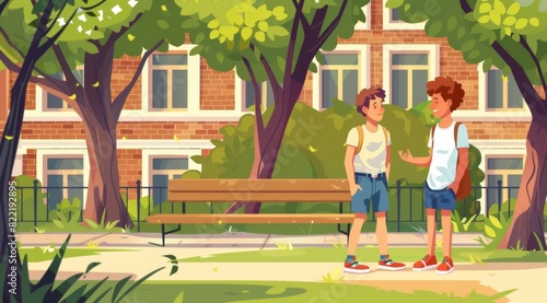 Two Kids Chatting in School Yard with Trees and Bench. Casual Friendship and Nature Concept