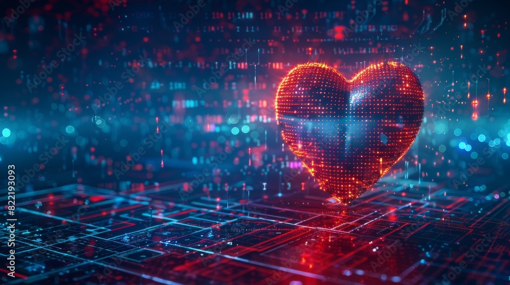 This is the heart symbol of health, online medicine, internet healthcare, and distance medical consultations. It consists of pixels from a QR code. Telemedicine technology is a key part of modern This is the heart symbol of health, online medicine, internet healthcare, and distance medical consultations. It consists of pixels from a QR code. Telemedicine technology is a key part of modern