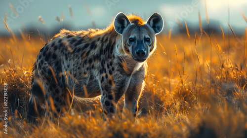 Hyena scavenging in savannah: Photo realistic concept showcasing adaptability and survival instincts of a hyena foraging for food in the wild environment