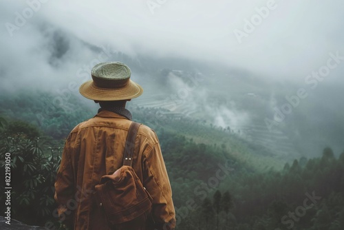 Eco conscious nomadic style portrayed by a man in earth toned garments overlooking a foggy mountain range