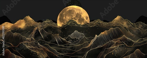 Gold lines outline a mountain range with the moon in the background, using a black and gold color scheme. The detailed illustration with minimal additional editing to the original text photo