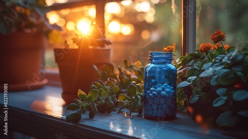 a blue bottle of vitamin d pills by a sunny window, promoting health and wellness photo
