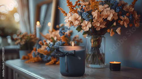 Indoors there is a photo frame adorned with a black ribbon a burning candle placed on a light grey table and a wreath of plastic flowers positioned near the wall This setup provides a suitable backgr 