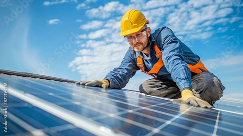 Eco friendly engineer on a rooftop installing solar solutions against a backdrop of blue skies
