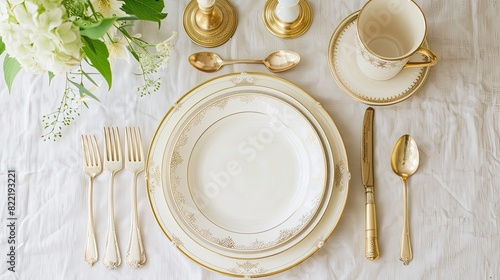 A table setting for one person exudes Southeast Asian style, adorned with gold-plated tableware, featuring simplicity, bordered by intricate floral motifs on a large plate.