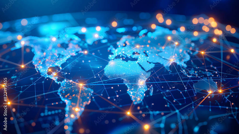 Global communication networks, connecting lines spreading across a world map, showcasing international network connections Global communication networks, connecting lines spreading across a world map, showcasing international network connections