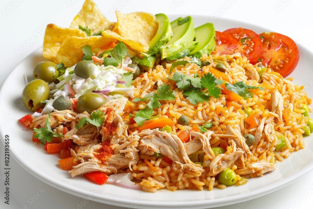 Artfully arranged Arroz con Pollo with Rich Colors and Fresh Parsley Artfully arranged Arroz con Pollo with Rich Colors and Fresh Parsley